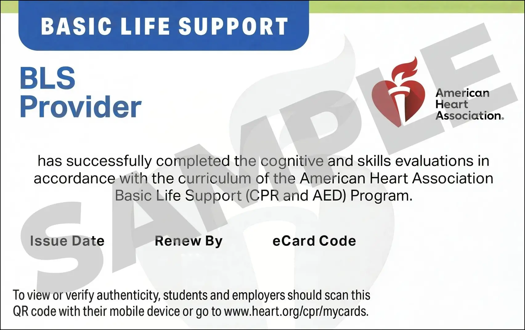 Sample American Heart Association AHA BLS CPR Card Certification from CPR Certification Atlanta